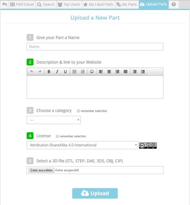 2. To upload files click on the upload button at the top of the page. You will then be asked to select a file(s) and to fill out some details about the part before uploading it.